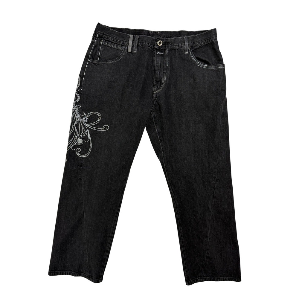 Y2K Artful Dodger Black Embroidered Bootcut Jeans 38x28.5